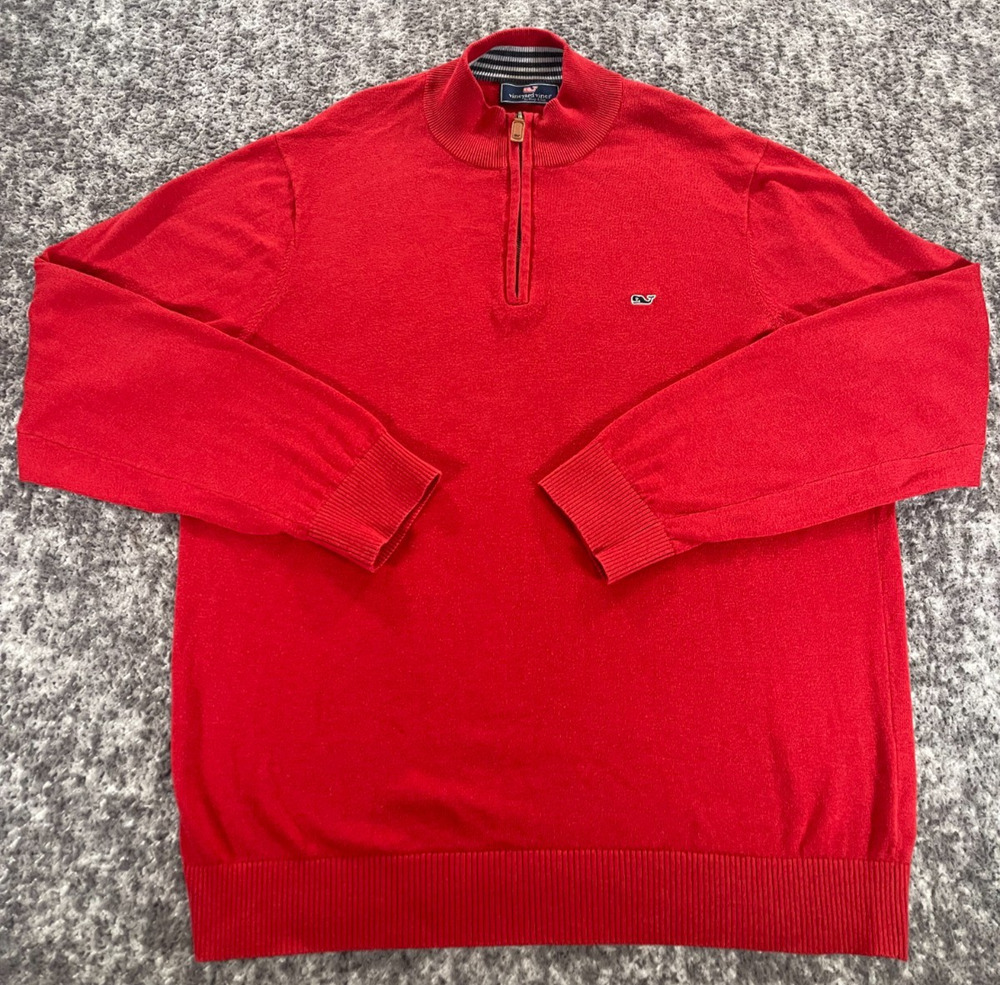 Vineyard Vines 1/4 Zip Sweater Mens L Red Cotton Pullover Whale Logo